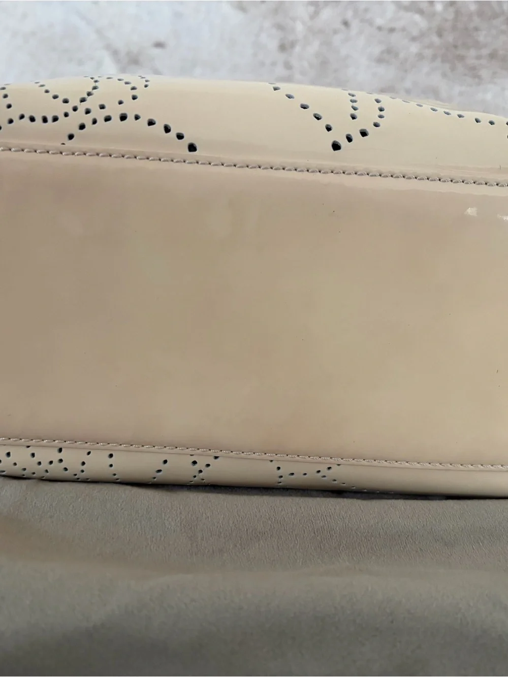 Chanel Small Beige Patent Leather Floral Perforated Tote